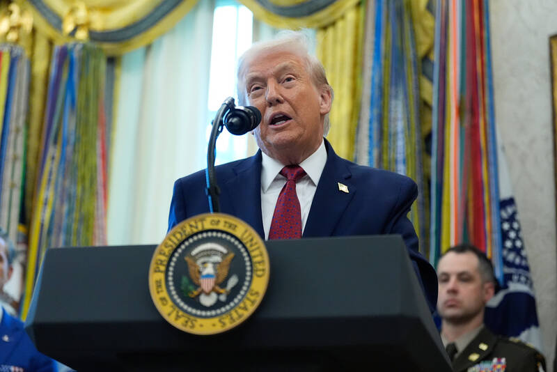 President Donald Trump speaks during a Mexican Border Defense Medal presentation in the Oval Office of the White House, Monday, Dec. 15, 2025, in Washington. (AP Photo/Alex Brandon)