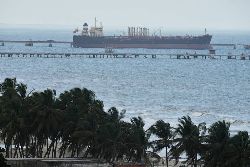 Evana, an oil tanker, is docked at El Palito port in Puerto Cabello, Venezuela, Sunday, Dec. 21, 2025. (AP Photo/Matias Delacroix)