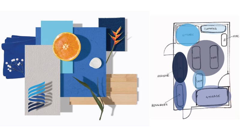 A mood board and layout from Klaire Johnson and Emma Walstra's design proposal