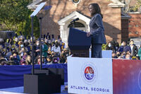 FILE - Vice President Kamala Harris speaks, Jan. 11, 2022, in Atlanta. With President Joe Biden having bowed out of the presidential race and endorsing Harris, their party is suddenly eyeing an expanding map, betting that a new burst of energy and fundraising surge has helped make Georgia, the state that delivered Biden his narrowest victory margin in 2020, a toss-up again. Harris is planning a show of political force on Tuesday, July 30, 2024, in Atlanta, the latest example of just how much the presidentia