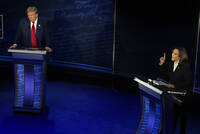 Republican presidential nominee former President Donald Trump and Democratic presidential nominee Vice President Kamala Harris participate during an ABC News presidential debate at the National Constitution Center, Tuesday, Sept.10, 2024, in Philadelphia. (AP Photo/Alex Brandon)