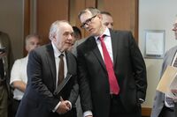 Jim Troupis appears in a Dane County courtroom with his attorney Joseph Bugni Wednesday, Dec. 12, 2024, in Madison, Wis. (AP Photo/Morry Gash)