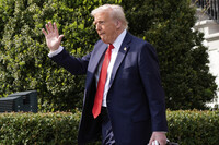 President Donald Trump waves as he departs after welcoming the 2025 College Football National Champions, the Ohio State University football team, during an event on the South Lawn of the White House, Monday, April 14, 2025, in Washington. (AP Photo/Alex Brandon)