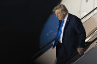President Donald Trump arrives at Palm Beach International Airport in West Palm Beach, Fla., Thursday, May 1, 2025. (AP Photo/Manuel Balce Ceneta)