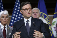 Speaker of the House Mike Johnson, R-La., speaks during a news conference at the Capitol, Tuesday, May 6, 2025, in Washington. (AP Photo/Rod Lamkey, Jr.)