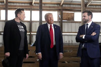 FILE - Tesla and SpaceX CEO Elon Musk, from left, Republican presidential nominee former President Donald Trump and Republican vice presidential nominee Sen. JD Vance, R-Ohio, attend a campaign event, Oct. 5, 2024, in Butler, Pa. (AP Photo/Alex Brandon, File)