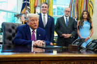 President Donald Trump speaks to the media in the Oval Office at the White House, Tuesday, June 10, 2025, in Washington, as Interior Secretary Doug Burgum, Director of the Office of Management and Budget Russell Vought and Secretary of Homeland Security Kristi Noem, look on. ( (AP Photo/Evan Vucci)