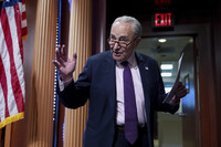 Senate Minority Leader Chuck Schumer, D-N.Y., updates reporters as Senate Republicans work to advance President Donald Trump's sweeping domestic policy bill, at the Capitol in Washington, Friday, June 27, 2025. (AP Photo/J. Scott Applewhite)
