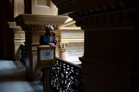 Wisconsin Assembly Speaker Robin Vos, R-Rochester, talks on the phone after legislators delayed what was supposed to be the final day of the Joint Finance Committee budget votes on Friday, June 27, 2025, at the Wisconsin State Capitol in Madison, Wis. Friday’s Joint Finance Committee meeting didn’t kick off until after 10 p.m. and left several topics unresolved. (Joe Timmerman / Wisconsin Watch)