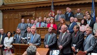 Assembly Republicans gathered ahead of the floor session to stress the need for bipartisan negotiations and progress on writing the state budget. (Photo by Baylor Spears/Wisconsin Examiner)