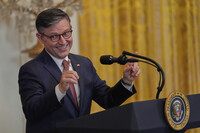 House Speaker Mike Johnson of La., speaks during an event with President Donald Trump for Republican members of Congress in the East Room of the White House, Tuesday, July 22, 2025, in Washington. (AP Photo/Julia Demaree Nikhinson)