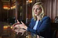 FILE - Wisconsin Secretary of State Sarah Godlewski is interviewed on March 23, 2023 in Madison, Wis.(AP Photo/Harm Venhuizen, file)