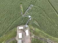 In this image provided by the Lincoln County, S.D., Sheriff's Office, a cell tower sustained damage following strong winds overnight in southern Lincoln County, South Dakota, Tuesday, July 29, 2025. (Sgt. E.J. Colshan/Lincoln County Sheriff's Office via AP)