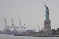 The Statue of Liberty is seen near Port Liberty Terminals, Wednesday, Aug. 6, 2025, in New York. (AP Photo/Frank Franklin II)