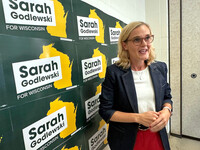Wisconsin Secretary of State Sarah Godlewski launched her bid for lieutenant governor on Wednesday, Aug. 20, 2025, in Madison, Wis. (AP Photo/Scott Bauer)