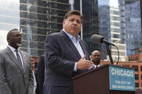 Illinois Governor JB Pritzker speaks during a news conference at River Point Park, Monday, Aug.. 25, 2025, in Chicago. (AP Photo/Nam Y. Huh)