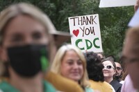 Workers and supporters gather to rally for departing scientific leaders at the Centers for Disease Control and Prevention outside the CDC headquarters, Thursday, Aug. 28, 2025, in Atlanta. (AP Photo/Ben Gray)
