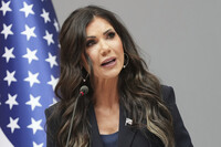 United States Secretary of Homeland Security Kristi Noem addresses the media during a visit to the Port of Antwerp in Antwerp, Belgium, Wednesday, Sept. 10, 2025. (AP Photo/Virginia Mayo)