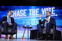 FILE - Republican vice presidential nominee Sen. JD Vance, R-Ohio, right, speaks at a campaign event as Turning Point USA Founder Charlie Kirk, left, listens, Wednesday, Sept. 4, 2024, in Mesa, Ariz. (AP Photo/Ross D. Franklin, File)