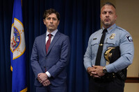 FILE - Minneapolis Mayor Jacob Frey, left, and Police Chief Brian O'Hara stand during a news conference about a Department of Justice report that found the Minneapolis Police Department has engaged in a pattern or practice of discrimination, June 16, 2023, in Minneapolis. (AP Photo/Abbie Parr, file)