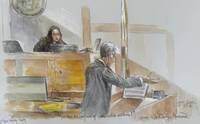 This courtroom sketch shows U.S. District Judge Aileen Cannon listening to Ryan Routh during his trial where he is charged with attempting to assassinate Donald Trump last year at a golf course in South Florida, Tuesday, Sept. 23, 2025, in Fort Pierce, Fla. (Lothar Speer via AP)