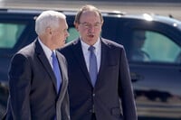 FILE - Vice President Mike Pence talks to Wisconsin seventh district Republican Congressional candidate Tom Tiffany at the airport after visiting the GE Healthcare manufacturing facility April 21, 2020, in Madison, Wis. (AP Photo/Morry Gash, File)