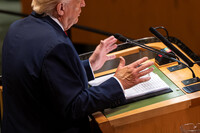 President Donald Trump gestures with his hands as he addresses the 80th session of the United Nations General Assembly, Tuesday, Sept. 23, 2025, at U.N. headquarters. (AP Photo/Angelina Katsanis)