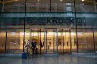 FILE - People leave the The BlackRock investment company in the Hudson Yards neighborhood of New York, Tuesday, March 14, 2023. (AP Photo/Ted Shaffrey, File)