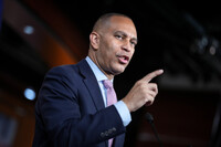 House Minority Leader Hakeem Jeffries, D-N.Y., meets with reporters at the Capitol in Washington, Thursday, Sept. 25, 2025, days before federal funding runs out that could trigger a government shutdown. (AP Photo/J. Scott Applewhite)