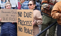 Protesters gather outside of the Federal Building in Milwaukee to denounce the arrest of Circuit Court Judge Hannah Dugan. (Photo by Isiah Holmes/Wisconsin Examiner)