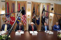 Caption: President Donald Trump, center, meets with Australian Prime Minister Anthony Albanese, second left, as Vice President JD Vance, from left, Secretary of State Marco Rubio and Defense Secretary Pete Hegseth, right, listen, in the Cabinet Room of the White House, Friday, Oct. 20, 2025, in Washington. (AP Photo/Evan Vucci)