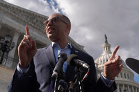 House minority leader Hakeem Jeffries, D-N.Y., speaks to reporters on the Capitol Hill, Thursday, Oct. 2, 2025, in Washington. (AP Photo/Manuel Balce Ceneta)