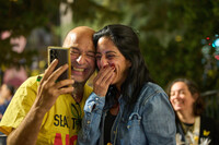 Einav Zangauker, center, mother of Matan Zangauker, who is being held hostage by Hamas, reacts along with other families and supporters of Israeli hostages after the announcement that Israel and Hamas have agreed to the first phase of a peace plan, as they gather at a plaza known as the hostages square in Tel Aviv, Israel, Thursday, Oct. 9, 2025. (AP Photo/Ohad Zwigenberg)
