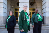 Jeanne Weaver, 79, of Ebensburg, Pa., left, Sue Conard, 75, of Wisc., and Vanessa Fields, 70, of Philadelphia, pose for a portrait on Capitol Hill, Thursday, Oct. 9, 2025, in Washington. (AP Photo/Jacquelyn Martin)