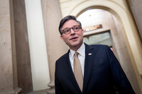 Speaker of the House Mike Johnson, R-La., praises President Donald Trump's peacemaking efforts leading to a ceasefire pausing two years of war in the Gaza Strip, at the Capitol in Washington, Monday, Oct. 13, 2025. (AP Photo/J. Scott Applewhite)