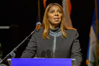 New York Attorney General Letitia James speaks at a campaign rally for New York City Democratic mayoral candidate Zohran Mamdani in New York on Monday, Oct. 13, 2025. (AP Photo/Ted Shaffrey)