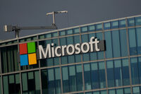 FILE - The logo of Microsoft is seen outside its French headquarters in Issy-les-Moulineaux, outside Paris on May 13, 2024. (AP Photo/Thibault Camus, File)
