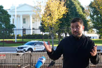 Ukraine's President Volodymyr Zelenskyy speaks to reporters in Lafayette Park across the street from the White House, following a meeting with President Donald Trump, Friday, Oct. 17, 2025, in Washington. (AP Photo/Manuel Balce Ceneta)