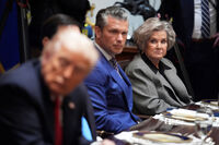 White House Chief of Staff Susie Wiles, from right, and Defense Secretary Pete Hegseth listen as President Donald Trump meets with Australian Prime Minister Anthony Albanese, not pictured, in the Cabinet Room of the White House, Monday, October 20, 2025, in Washington. (AP Photo/Evan Vucci)