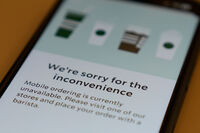 A Starbucks mobile app shows that the mobile ordering is unavailable during the Amazon Web Services outage, Monday, Oct. 20, 2025, in Chicago. (AP Photo/Kiichiro Sato)
