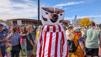 A Bucky Badger who marched in the No Kings protest in Madison said he didn’t mind missing the football game for such and important event. | Photo by Baylor Spears/Wisconsin Examiner