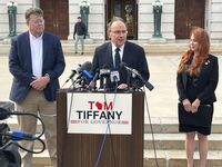 U.S. Rep. Tom Tiffany (center) at the Wisconsin State Capitol Thursday Oct 23 with Sen. John Jagler (L) and Rep. Amanda Nedweski (R). Republicans scolded State Superintendent Jill Underly for not appearing at a hearing prompted by a Cap Times investigation of teacher sexual misconduct. | Photo by Ruth Conniff/Wisconsin Examiner