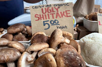 FILE - Shiitake mushrooms are displayed at the stand of a farmer who sells "ugly" produce at a discount at a farmers' market in San Francisco, June 7, 2023. (AP Photo/Haven Daley, File)