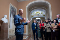 Senate Majority Leader John Thune, R-S.D., speaks to reporters after final Senate passage of the stopgap funding bill to reopen the government through Jan. 30, at the Capitol in Washington, Monday evening, Nov. 10, 2025. (AP Photo/J. Scott Applewhite)