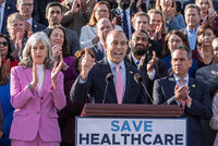 House Minority Leader Hakeem Jeffries, D-N.Y., and fellow Democrats speak about the health care fight on the steps of the House before votes to end the government shutdown, at the Capitol in Washington, Wednesday, Nov. 12, 2025. (AP Photo/J. Scott Applewhite)