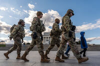 Members of the National Guard patrol in front of the Lincoln Memorial on the National Mall, Friday, Nov. 28, 2025, in Washington. (AP Photo/Julia Demaree Nikhinson)
