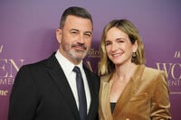 Jimmy Kimmel, left, and Molly McNearney pose at The Hollywood Reporter's Women in Entertainment Gala on Wednesday, Dec. 3, 2024, at the Beverly Hills Hotel in Beverly Hills, Calif. (Photo by Jordan Strauss/Invision/AP)