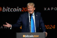 FILE - Republican presidential candidate former President Donald Trump speaks at the Bitcoin 2024 ConferenceJuly 27, 2024, in Nashville, Tenn. (AP Photo/Mark Humphrey, File)