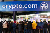 FILE - A Crypto.com Arena sign hangs outside Staples Center before an NBA basketball game in Los Angeles, Dec. 23, 2021. (AP Photo/Jae C. Hong, File)
