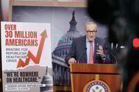 Senate Minority Leader Chuck Schumer of N.Y., speaks during a news conference on health care costs on Capitol Hill, Thursday, Dec. 11, 2025, in Washington. (AP Photo/Mariam Zuhaib)